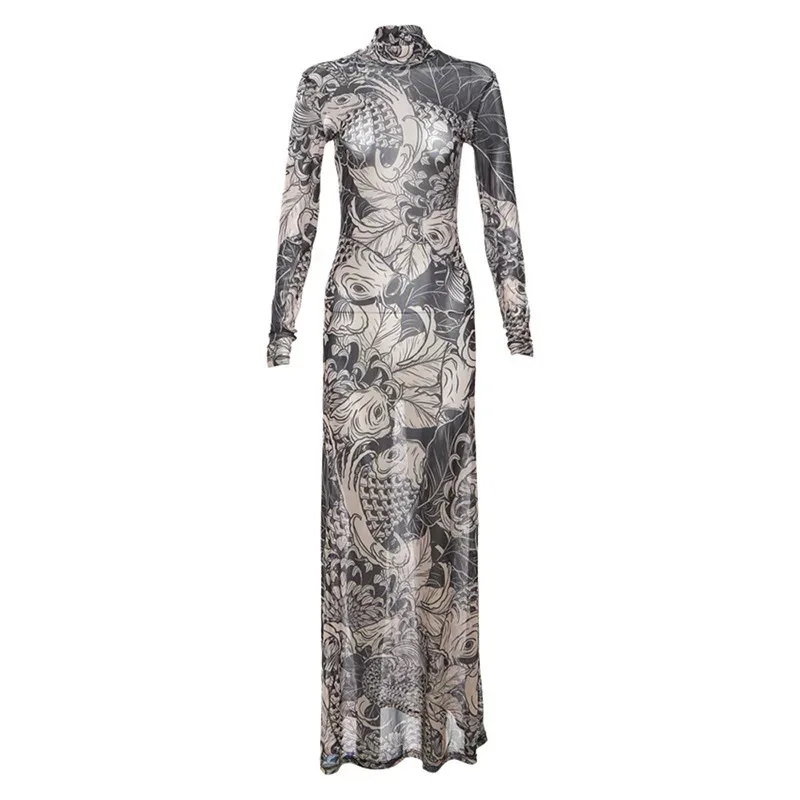 Fashionable Womens Sheer Mesh Floral Print Dress High Neck Slim Fit Trendy Style Perfect for Spr