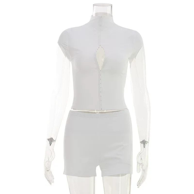 Fashionable Womens Two Piece Set Slim Fit Top with Hidden Buttons Solid Color Shorts Casual Summ