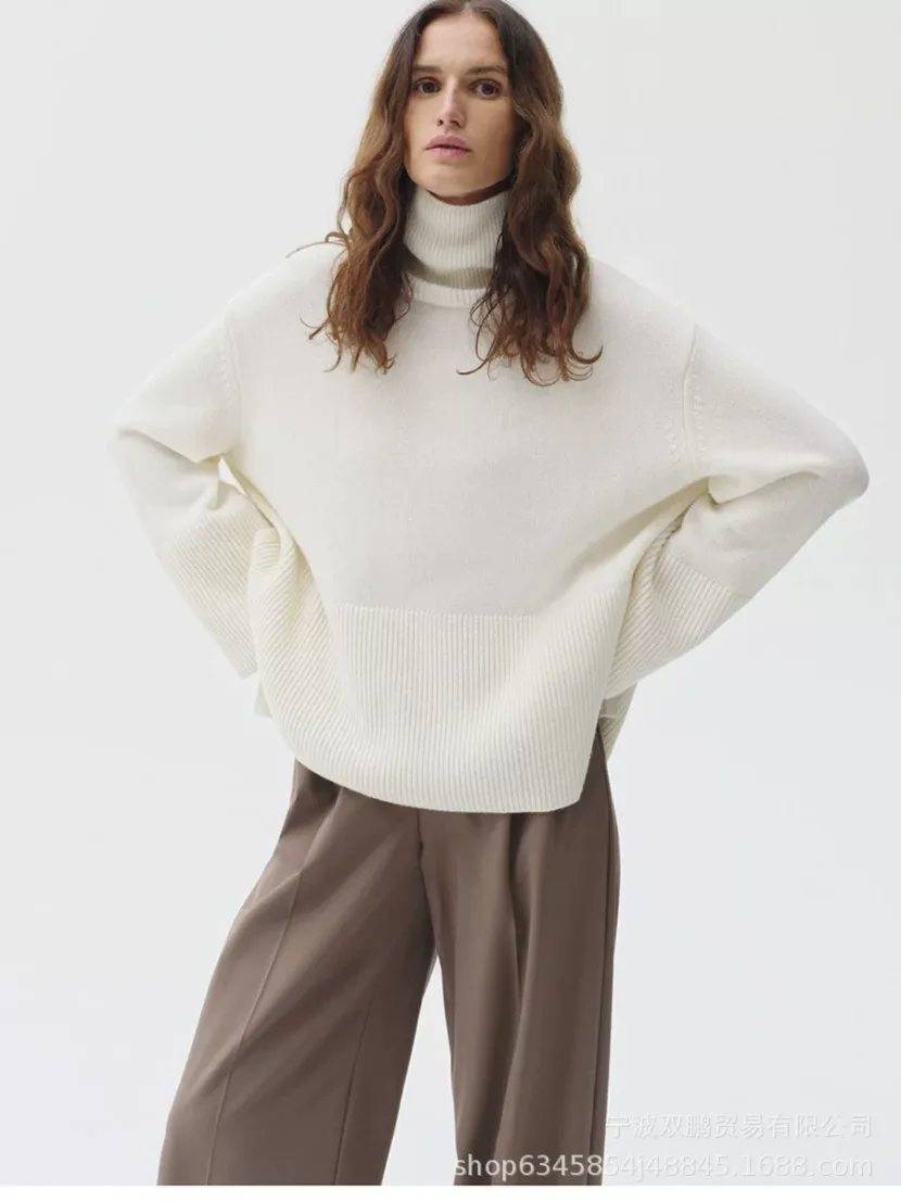Loose Fit Turtleneck Sweater Solid Color Knitted Split Hem Autumn Winter Womens Fashion Wholesal