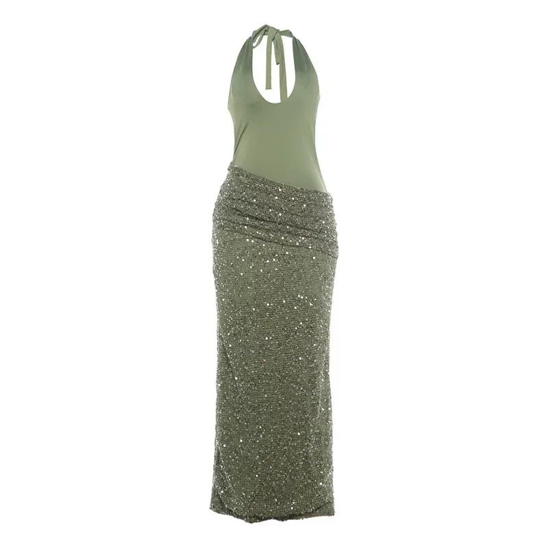 Summer Womens Dress Sexy Hollow Cross Neck Fashionable Sequins Bodycon Fit Evening Party Wear Wholesale Available