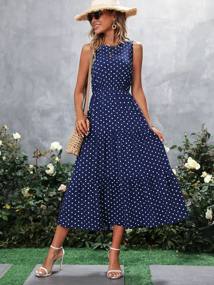 Casual Fashion Polka Dot Dress Round Neck Short Sleeve Comfortable Fabric Ideal for Summer Outin