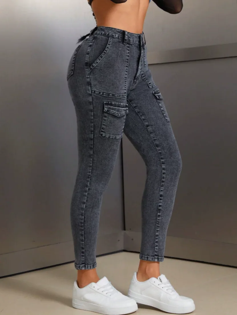 High Waisted Stretch Denim Skinny Jeans Butt Lifting Comfortable Fit Versatile Style Casual Wear