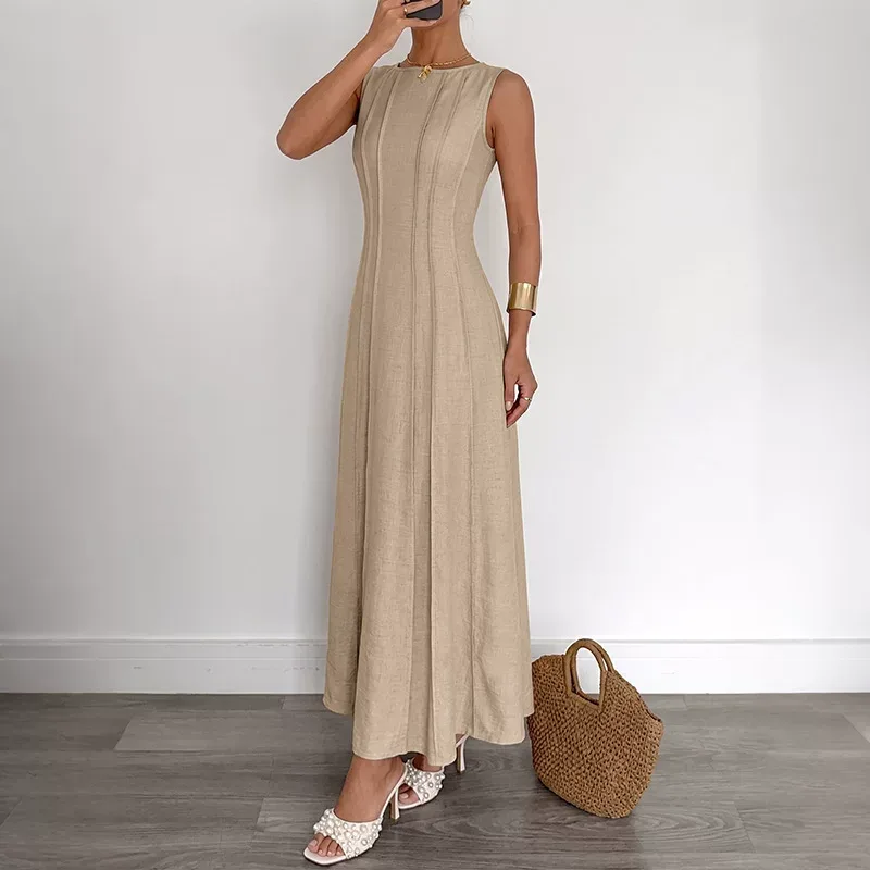 Sleeveless A Line Dress Solid Color Waist Defining Minimalist Design Summer Casual Wear Wholesal