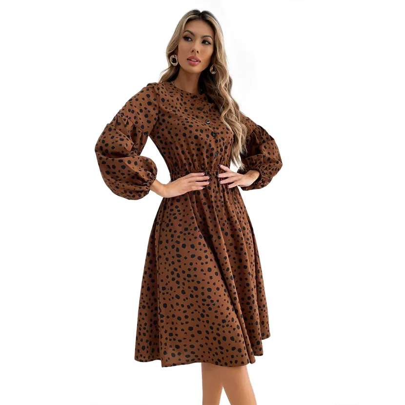 Leopard Print Floral Midi Dress Waist Defining Trendy Design Suitable for Casual Outings Wholesa