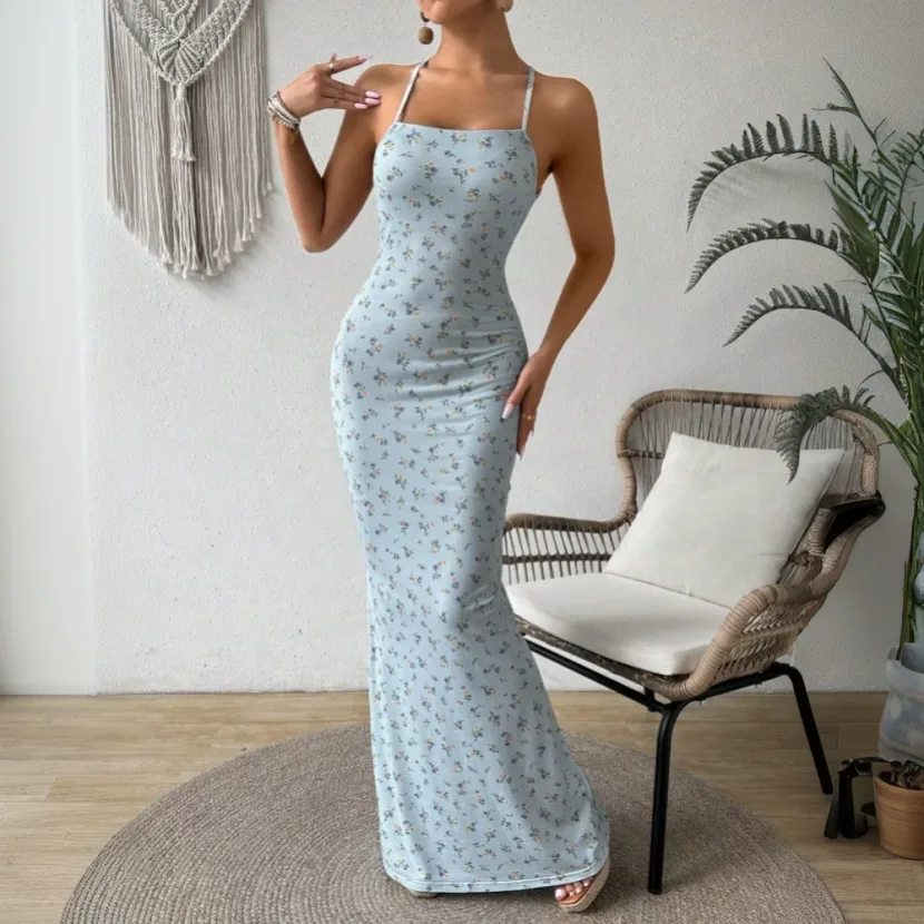 Floral Maxi Dress Sweet Design Halter Neck Backless Slim Fit Perfect for Spring Summer Beach Vac