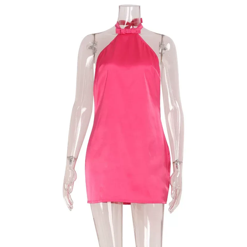 Chic Satin Feel Midi Dress Trendy Halter Neck Versatile Rose Pink Elegant Style Perfect for Part