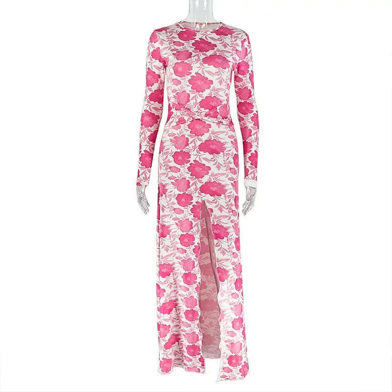 Floral Print Bodycon Dress Slim Fit Ruched Round Neck Split Hem Casual Vacation Wear Wholesale A