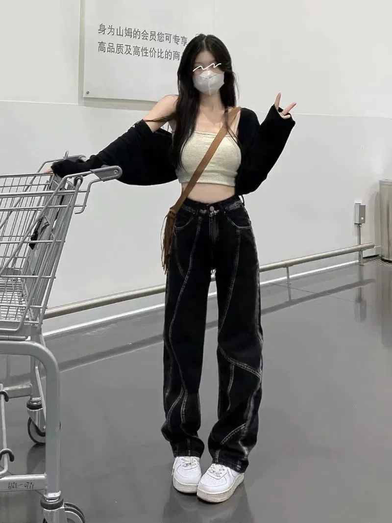 美式高街牛仔裤女2023春季新款分割线直筒宽松阔腿垂感拖地长裤潮