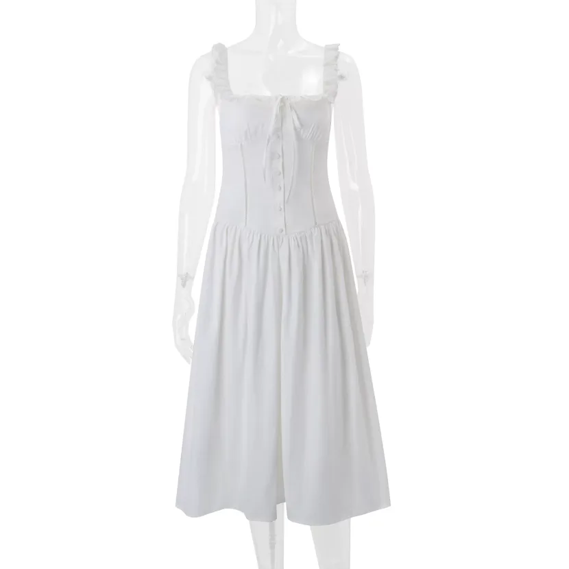 Elegant French Style Summer Dress for Women Square Neck Ruffled Hem Slim Fit Adjustable Straps P
