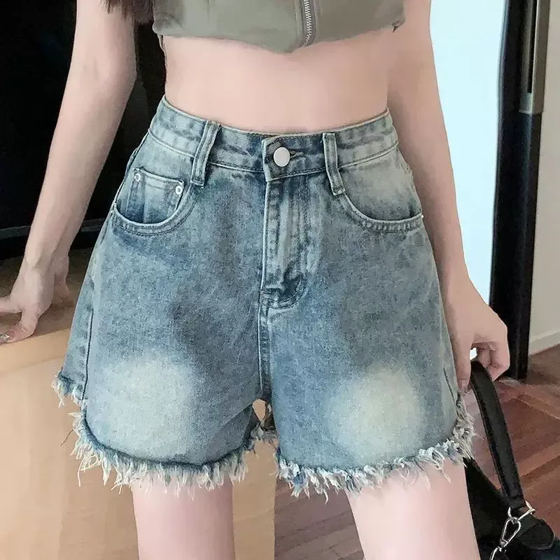 High Waist Denim Shorts for Women Loose Fit Frayed Hem Vintage Blue Summer Casual Wear