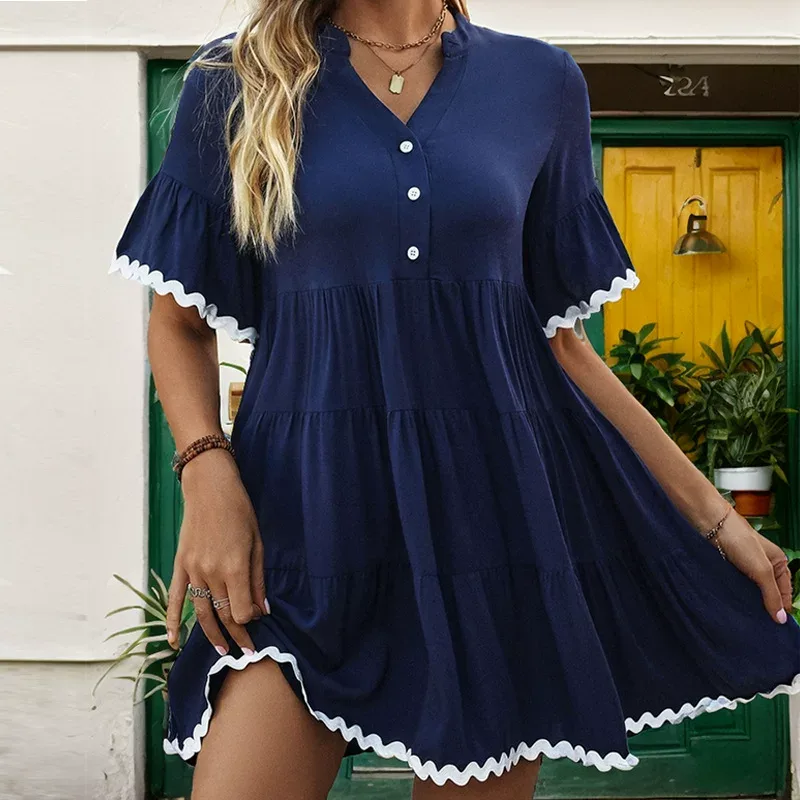 V Neck Solid Color Dress with Ruffled Hem for Beach Vacation Casual Wear in Blue Available in S to XL Wholesale