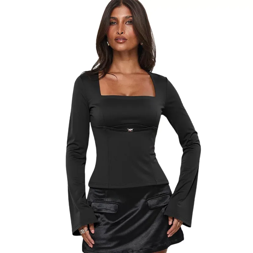 Black Womens Top Unique Design Square Neckline M Shaped Metal Buckle Ruffled Details Slim Fit Lo