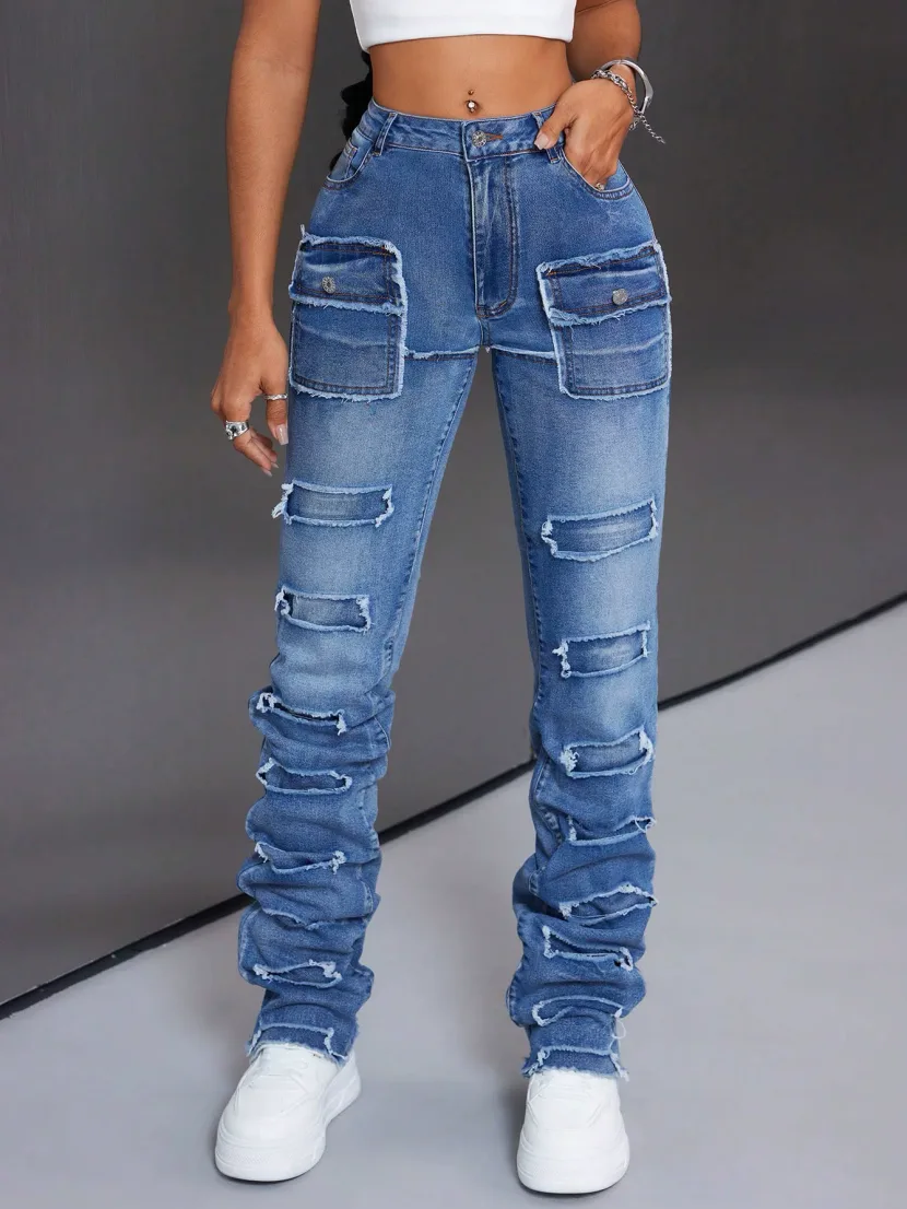 Womens Casual Stretch Denim Cargo Pants Versatile Fit Comfortable Fabric Stylish Design Perfect