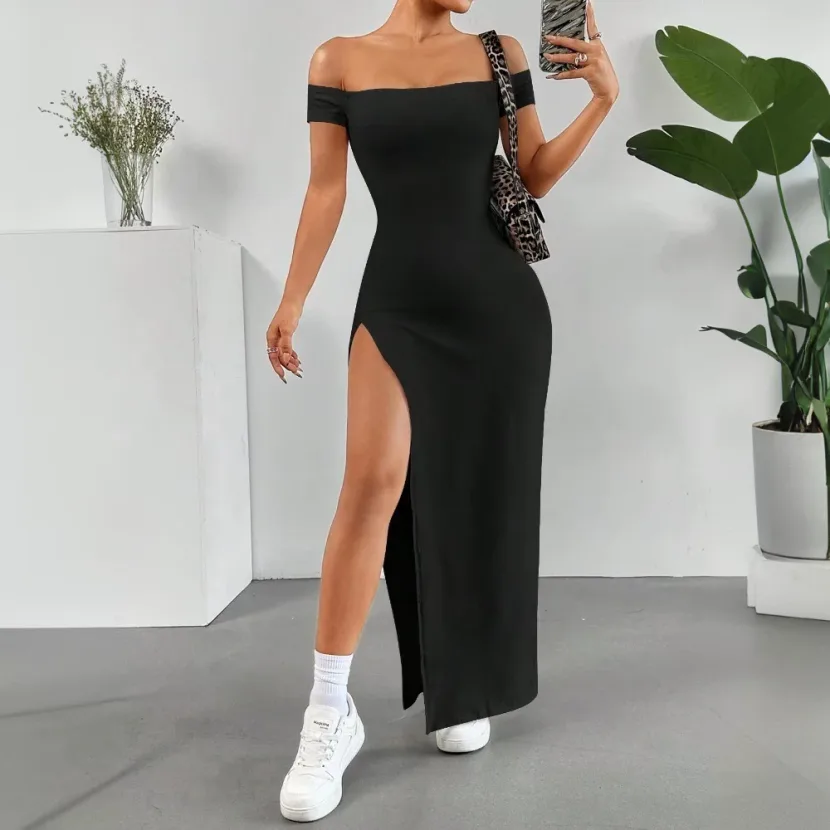 Elegant Solid Color High Waisted Split Long Dress Off Shoulder Knitted Comfortable Fit Summer Ca