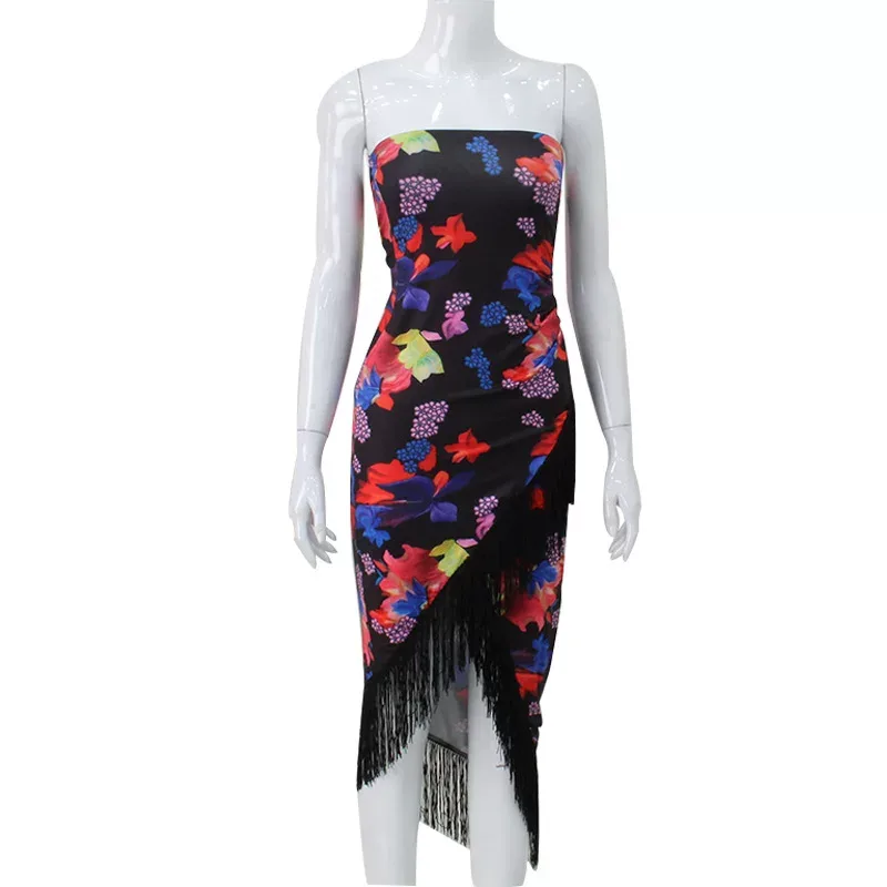 Summer Womens Strapless Dress Floral Print Fringe Hem Mid Length Beach Vacation Style Wholesale