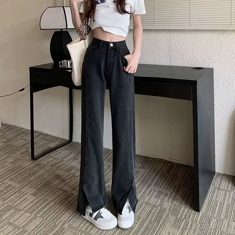 速卖通牛仔裤女2022冬季新款韩版高腰显瘦百搭直筒拖地阔腿长裤潮