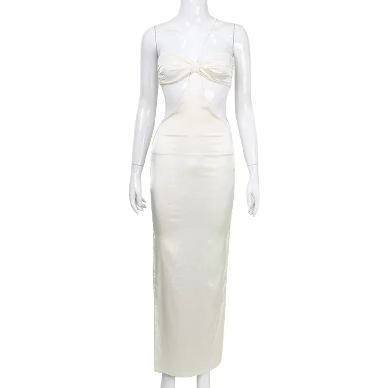 Chic Strapless Halter Neck Dress High Waist Hollow Out Satin Fabric Elegant Evening Gown for Wom