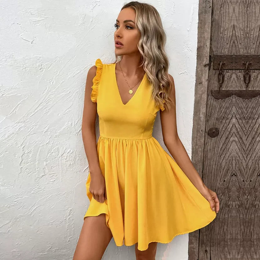 Summer Womens Beach Dress Sexy Backless Waist Cinching Flared Sleeveless Perfect for Vacation or