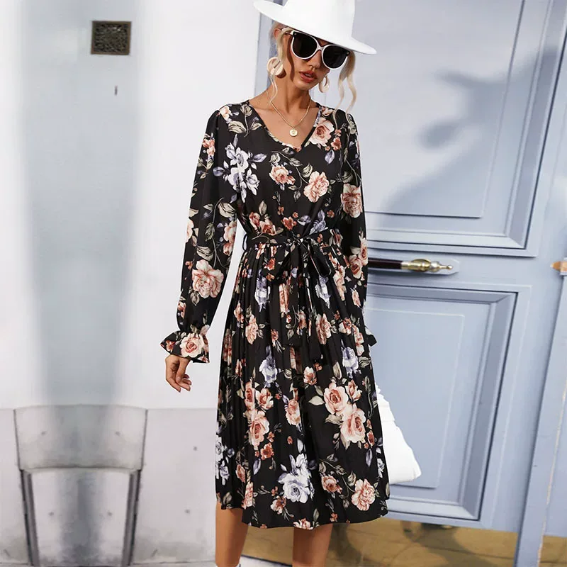 Printed Long Sleeve Dress Pleated Design Mid Length Fashionable for Women Perfect for Casual or