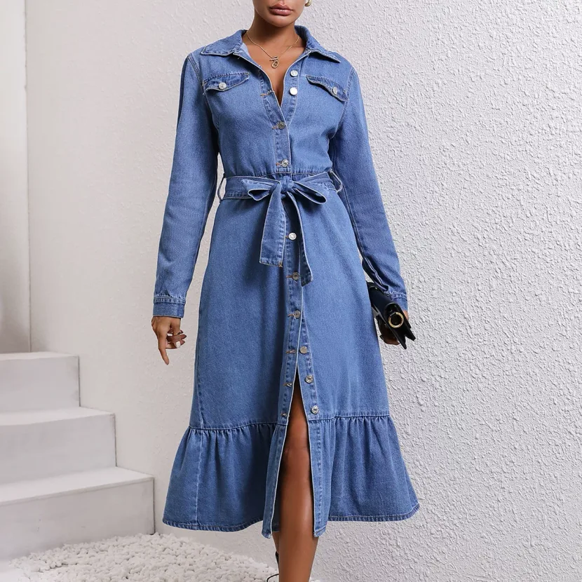 Vintage Denim Long Sleeve Dress for Women Slim Fit Waist Defining Casual Style Perfect for Sprin