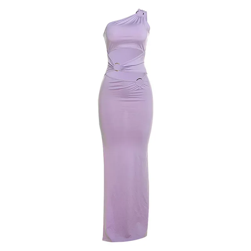 Asymmetrical Shoulder Bodycon Dress Stylish Color Block Design Sexy Split Hem Perfect for Autumn