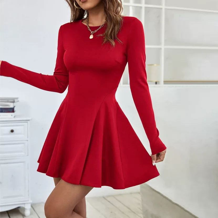 Red High Waisted Midi Dress Simple Elegant Design Slim Fit Autumn Winter Style Wholesale Availab
