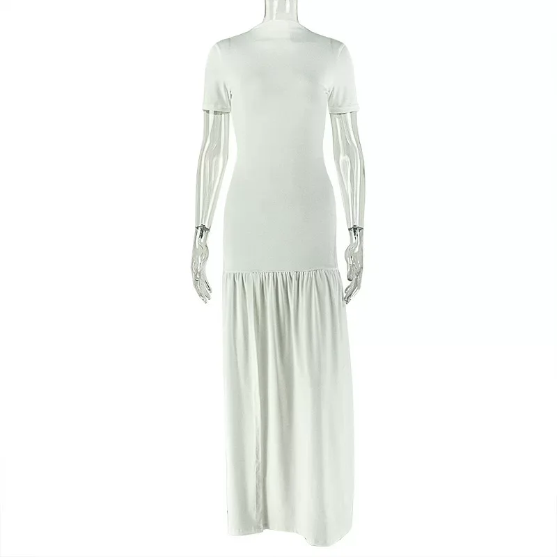 Elegant Womens Midi Dress Round Neck Short Sleeve Bodycon Fit Pleated Color Block Casual or Even