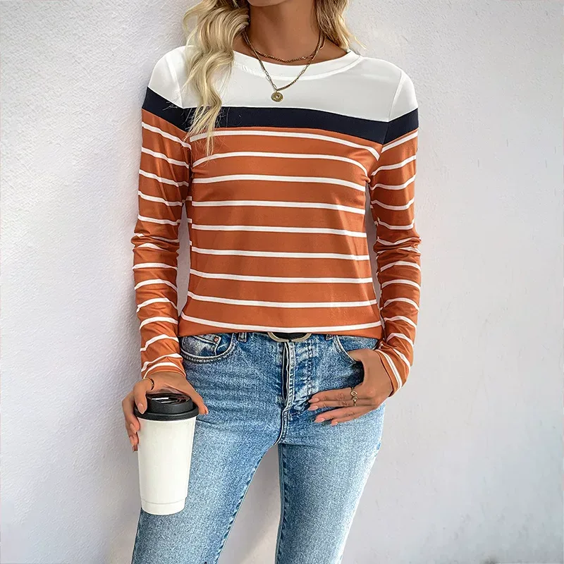 Womens Long Sleeve Striped T Shirt Casual Round Neck Soft Fabric Autumn Wear custom packaging