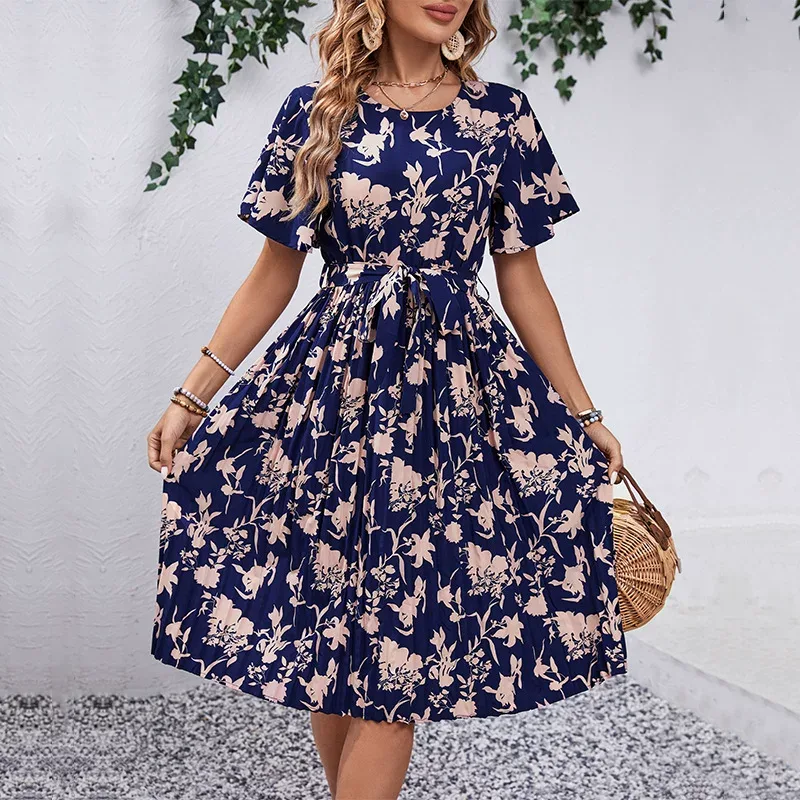 Floral Print A Line Dress Elegant Design Waist Defining Summer Style Perfect for Parties and Cas