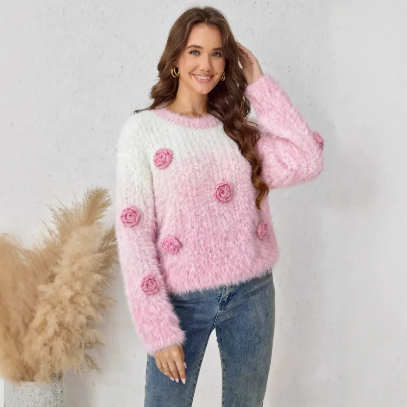 Loose Fit Round Neck Gradient Floral Sweater Soft Warm Stylish Perfect for Autumn and Winter Who