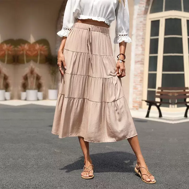 Summer Womens Ruffled Solid Color Midi Skirt Elegant Design Comfortable Fit Versatile for Casual