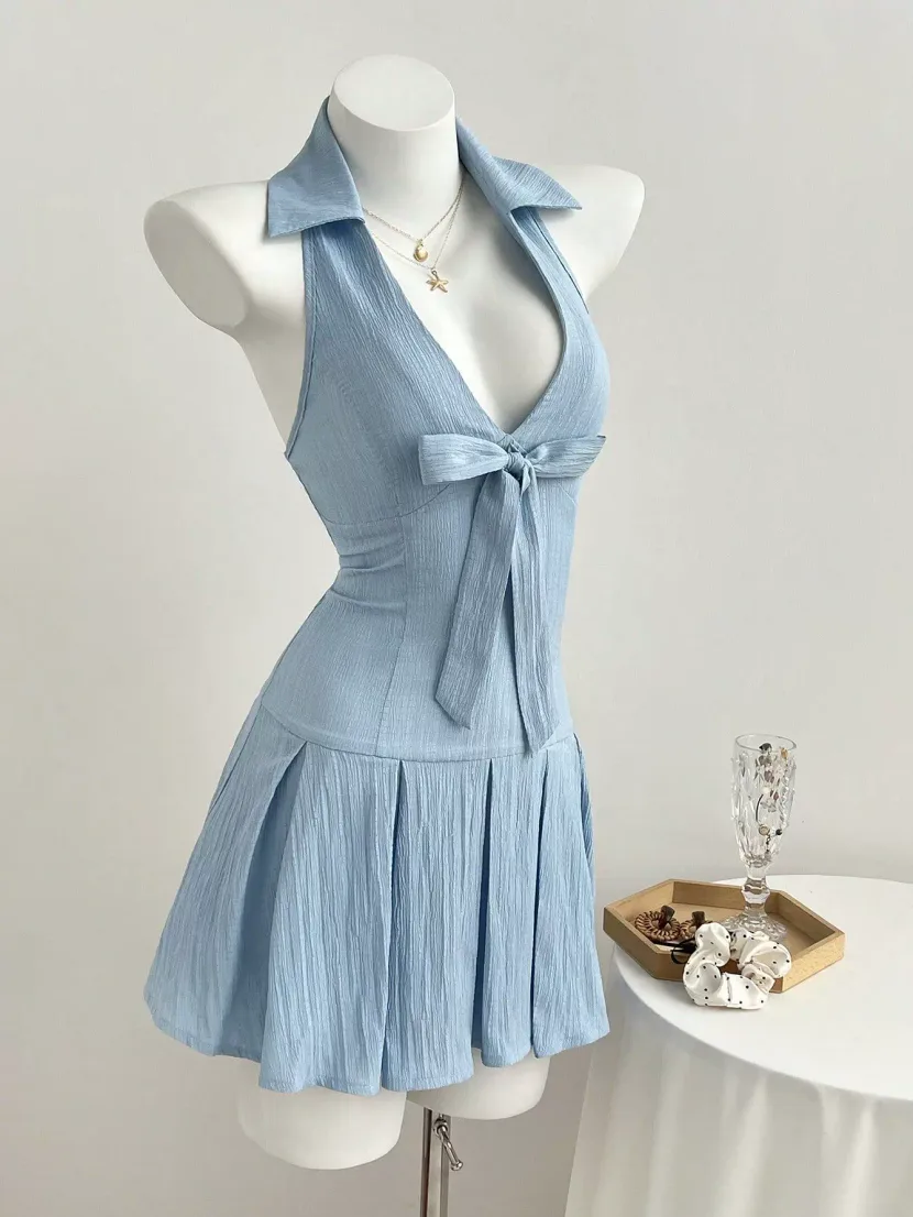 Summer Womens Short Dress V Neck Bow Tie Waist Defined Casual Wear for Parties or Outings Ready
