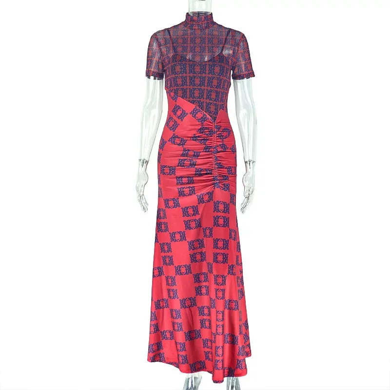 Elegant Womens Bodycon Dress Color Block Design Ruffled Print Sheer Short Sleeves Perfect for Of