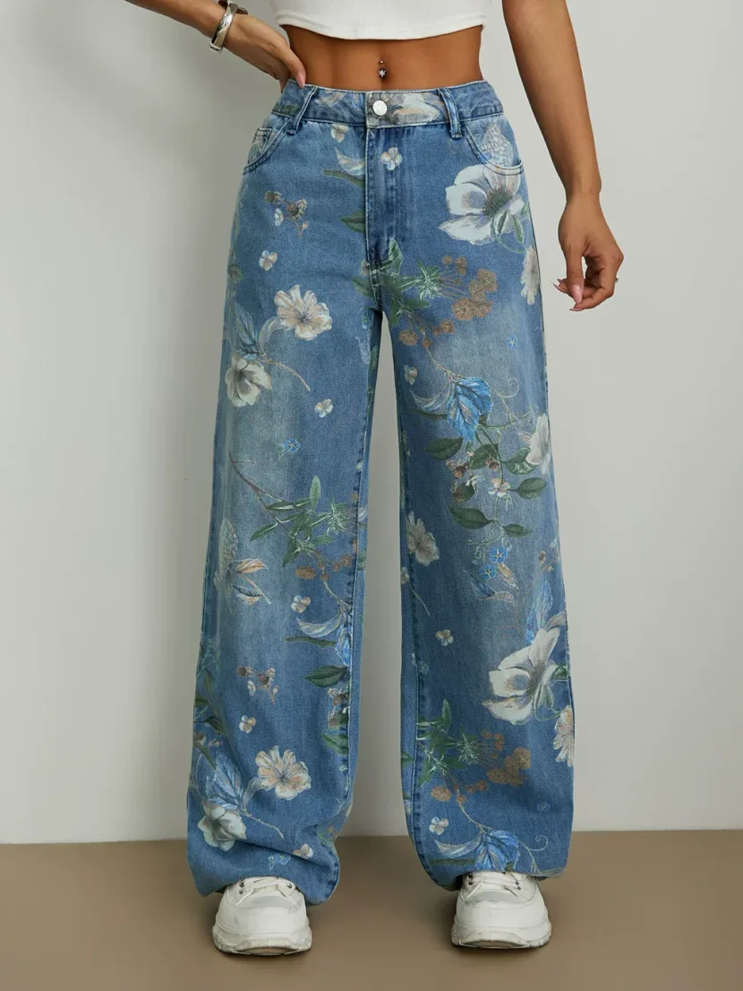 Loose Fit Wide Leg Jeans Printed Denim Street Style Casual Wear Ready to Ship Wholesale Availabl
