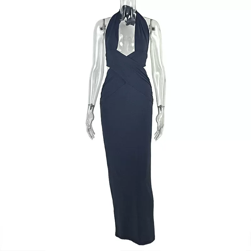 Sleek Backless Bodycon Dress Solid Color Ruffled Design Halter Neck Trendy Street Style for Part