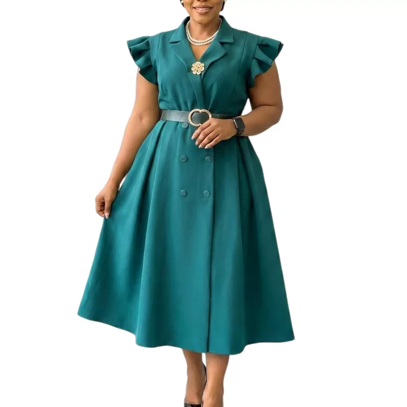 Elegant Double Breasted African Print Dress Mid Length Suit Collar Summer Style Wholesale Availa