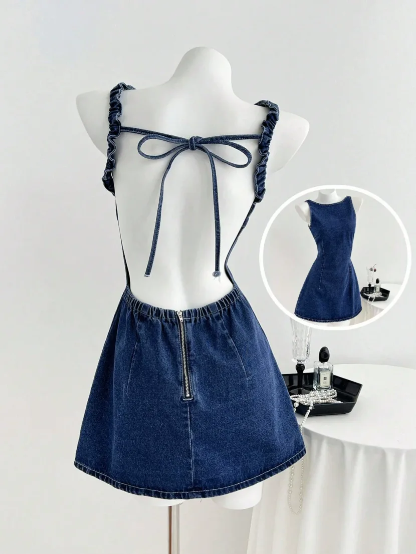 Summer Denim Dress Sexy Backless Design with Bow Tie Casual Wear for Women Ready to Ship bulk order Summer Denim Dress Sexy Backless Design with Bow Tie Casual Wear for Women Ready to Ship bulk order