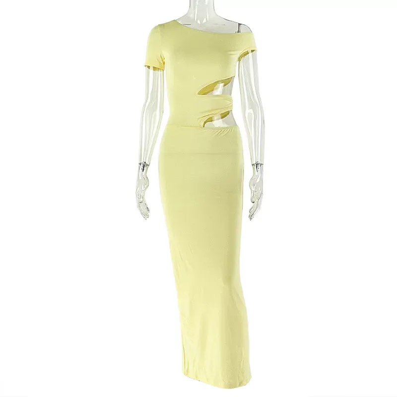 Asymmetrical One Shoulder Dress Solid Color Bodycon Fit Hollow Out Design Casual or Evening Wear