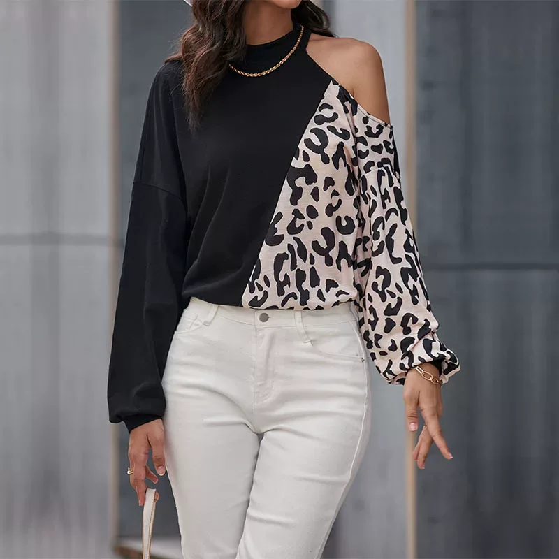 Casual Womens Long Sleeve Hollow Out Cold Shoulder T Shirt Half High Neck Lightweight Fabric Sty