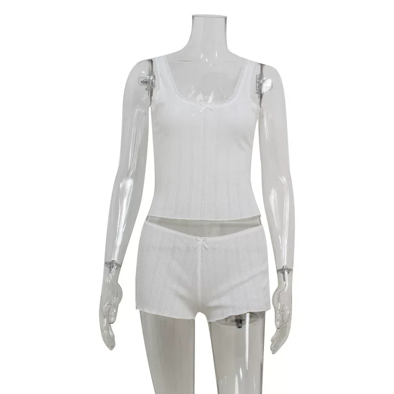 Summer Womens Lace Trim Sleeveless Top and Shorts Set Slim Fit Cotton Blend American Style Casua