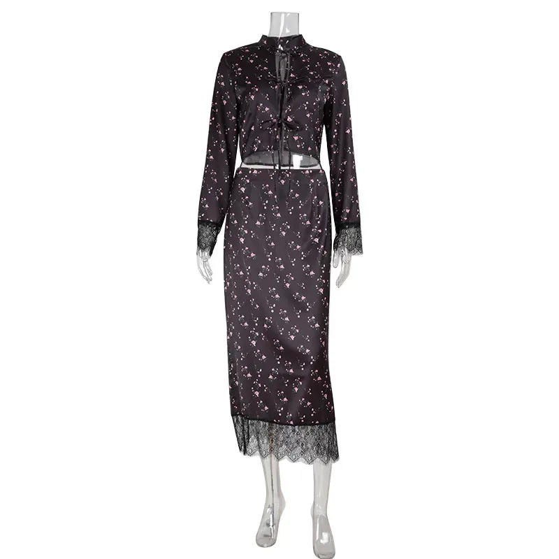 Fashionable Slim Fit Floral Print Long Sleeve Top and Skirt Set Elegant Design Autumn Wear Whole