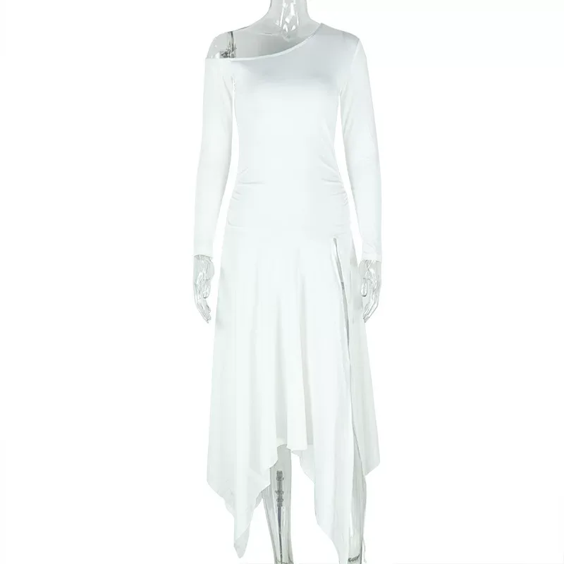 Fashionable Womens Irregular Hem Dress Slim Fit Solid Color One Shoulder Long Sleeve Side Slit C