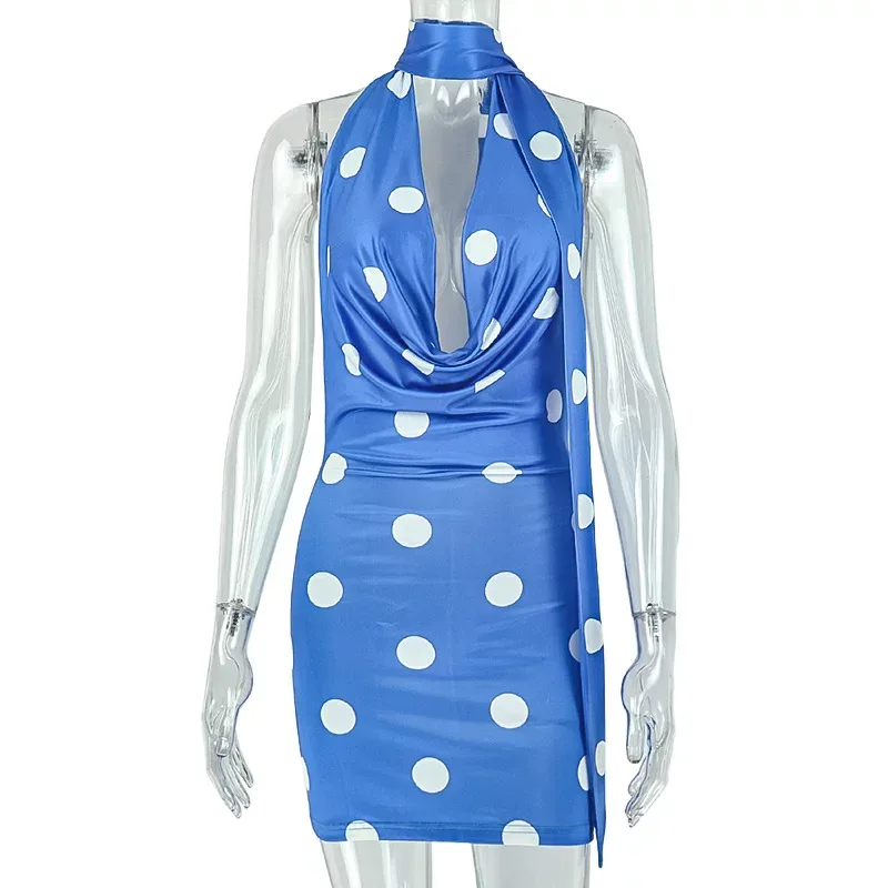 Polka Dot Halter Neck Mini Dress for Women Slim Fit Casual Summer Wear