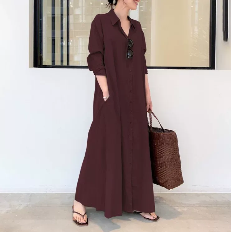 Cotton Linen Long Sleeve Shirt Dress Solid Color Pocket Design Loose Fit Casual Everyday Wear Re