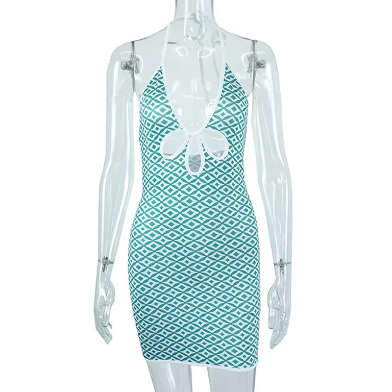 Plaid Print Sleeveless Backless Bodycon Dress Sexy Halter Neck Mid Waist Hollow Out Design Perfe