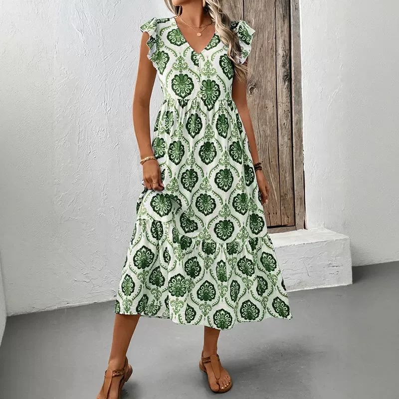 Vintage Inspired Geometric Print Sleeveless Ruffle Dress Unique Design Trendy Style Perfect for