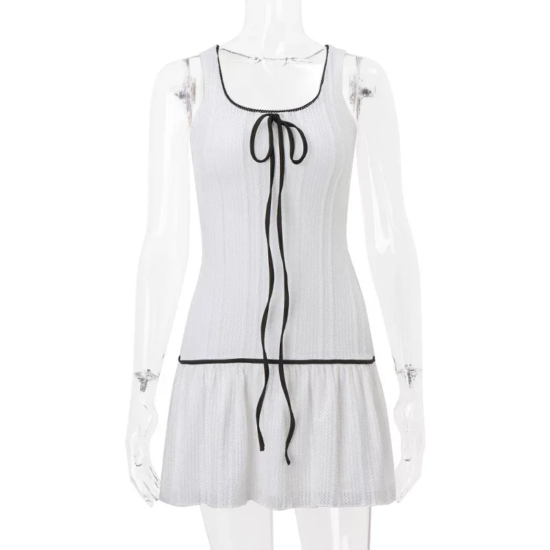 Summer Womens Sleeveless Dress Sexy Fit Bow Tie Mesh Fabric Trendy Style Perfect for Parties and