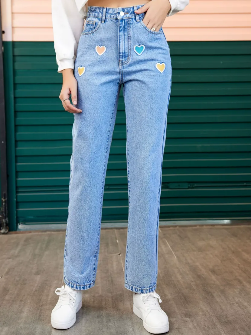 Womens Embroidered Straight Leg Denim Trousers Loose Fit Versatile Style Fashionable Design Casu