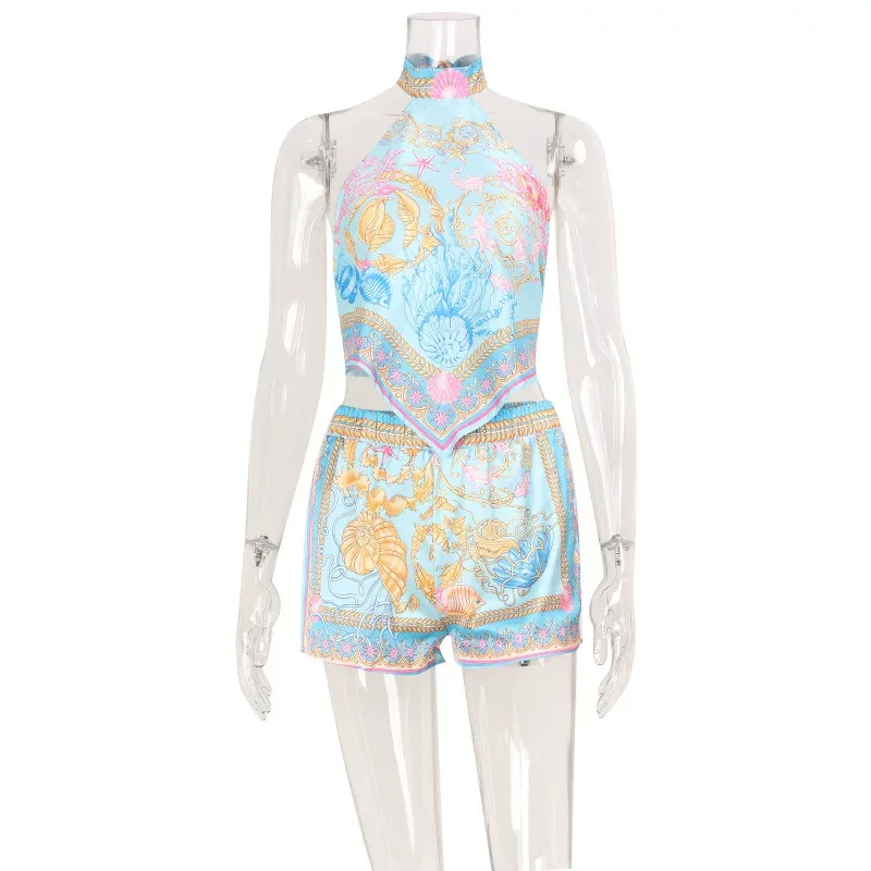Bohemian Print Strapless Top and Loose Shorts Set Womens Fashion Comfortable Fit Casual Style Wh
