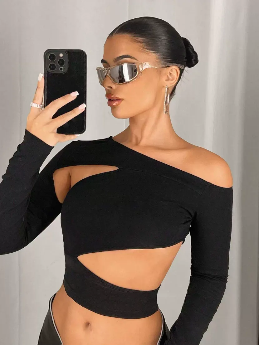 Womens Irregular Asymmetrical Neck Y2K Long Sleeve T Shirt Trendy European and American Style Sp